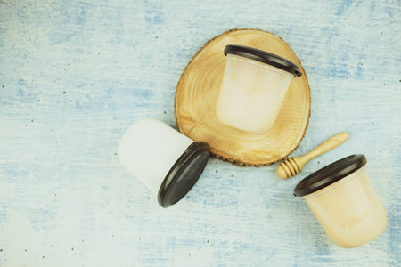 Coconut milk pudding and Thai tea pudding in packaging. Top viewの写真素材