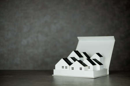 Opened box with different sizes of small wooden houses model. The concept of selling new homeの写真素材