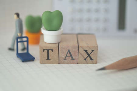 Miniature people construction worker with wood text of TAX for tax calculation. Easy to calculate and pay tax.の写真素材
