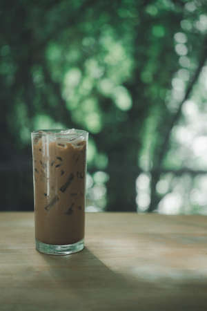 Delicious homemade of iced coffee Mocha on wood tableの写真素材