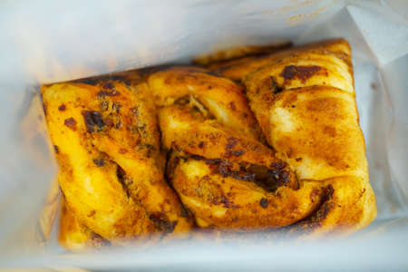 Bread with dried shredded pork and Thai chili paste. Top view