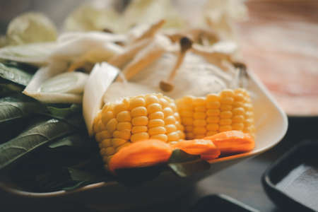 Close up of fresh vegetable set for sukiyaki or shabu shabu