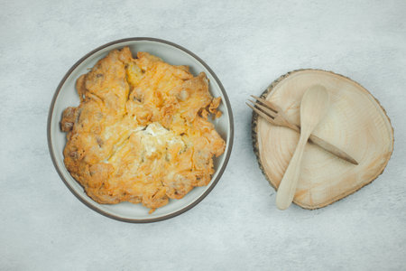 Thai traditional omelets stuff minced pork. Top viewの写真素材