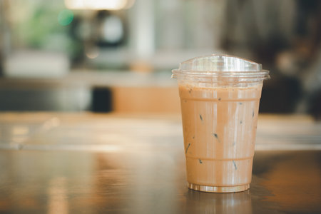 Iced coffee mocha with lid. Lid design for drink reduce use of straw, you can drink coffee pass lidの写真素材