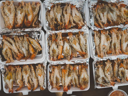 Large river prawns grilled and ready to eat in buffet. Top viewの写真素材