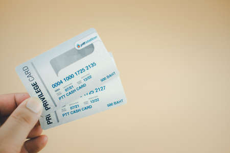 Samut Prakan Thailand - October 1, 2021 : Two gift card  value 500 baht each for to make a payment for refueling car at PTT gas station, PTT Station, Gas Station PTT is the most popular in Thailand.のeditorial素材