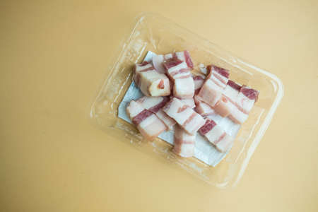 Cut fresh raw streaky pork in plastic tray ingredient for cooking