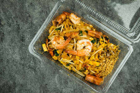 Thai food noodles (Pad Thai kung sod) served in box, Thai food and street foodの写真素材