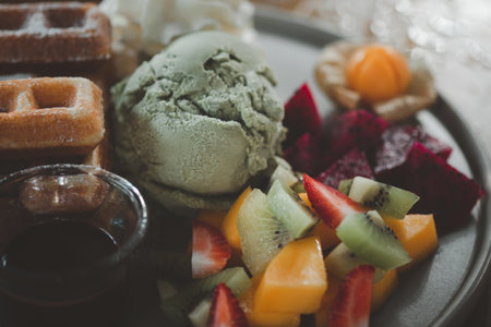 Waffle with ice cream green tea and mix slice fruits, chocolate sauce. Close upの写真素材