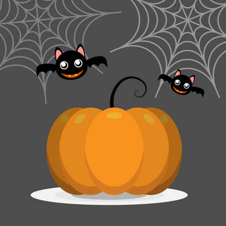 Halloween big pumpkin with cute bat background. Happy Halloween bannerのイラスト素材