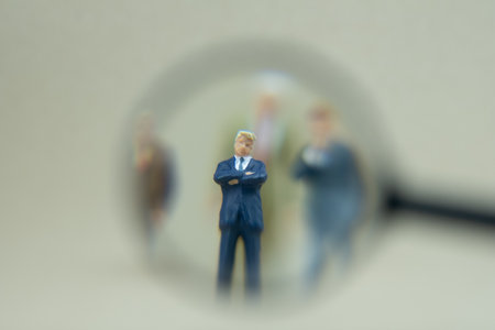 Miniature people in magnifying glass focusing on the selected of businessman, recruitment process, HR, HRM, HRD concepts.の写真素材