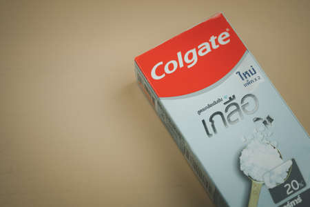 Samut Prakan, Thailand - November 6, 2021 : Colgate Tartar Care 20% Salt Toothpaste 120g x 2 Tubes, Colgate is an oral hygiene product line of toothpastes, toothbrushes, mouthwashes and floss.のeditorial素材