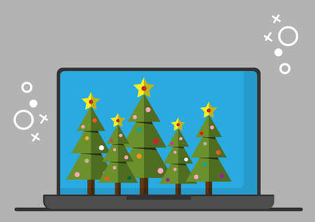 A group of Christmas trees on a desktop computer notebook. Happy New Year and Christmas Cardのイラスト素材
