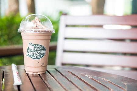Bangkok, Thailand - November 30, 2021 : Mocha frappe, Cafe Amazon x Kit Kat at all Cafe Amazon branches. The new menu from Cafe Amazonのeditorial素材