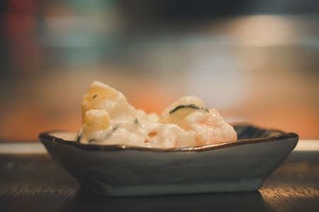 Close-up of mashed potatoes served on Japanese style plateの写真素材