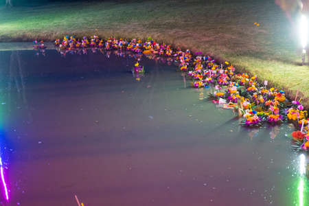 Loy Krathong festival float on water to celebrate the Loy Krathong festival in Thailandのeditorial素材