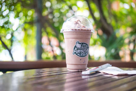 Bangkok, Thailand - December 20, 2021 : The new menu Caramel Mocha Frappe with KitKat has priced 70...