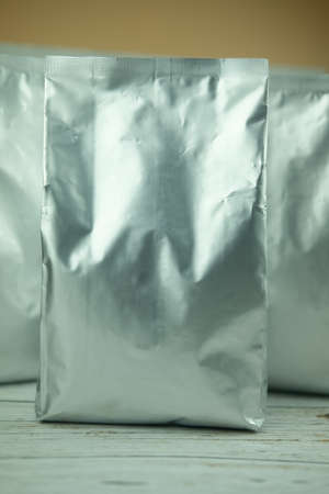 Foil plastic paper bag front, packaging template mockup. Retail shopping and advertising concept
