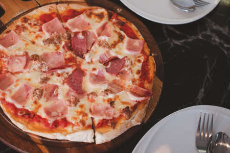 Pizza with bacon and salami. Food menu concept