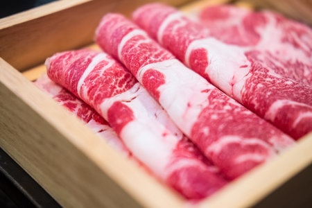 Premium Japanese sliced beef. Beautiful marble meatの写真素材