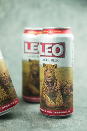 Samut Prakan, Thailand - January 25, 2022 : New of can design can, Leo lager beer thai beer, Leo Beer is most popular in Thailand. Net weight 490 ml. alc 5% vol. created by Boon Rawd Beer Company Limitedのeditorial素材