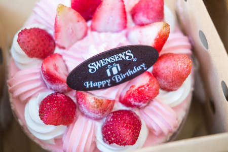 Bangkok, Thailand - February 19, 2022 : Delicious Swensens Strawberry ice cream cake. Swensen's ice cream one of the most famous ice cream brandsのeditorial素材