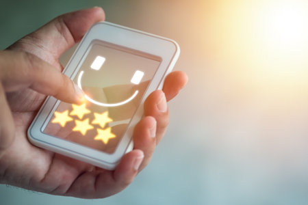 Excellent services rating for satisfaction present by of client pressing five stars. Evaluate quality of service leading to reputation ranking of the business.の写真素材