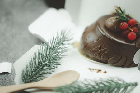 Chocolate cake fail in box troubles happen during transport. Close upの写真素材