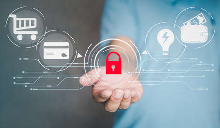 Hand holding red padlock icon, cyber security network and internet technology networking. Protecting...
