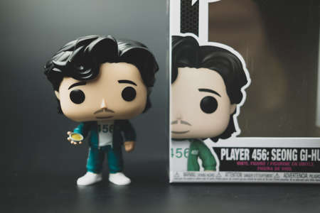 Samut Prakan, Thailand - March 22, 2022 : Funko Pops X Squid Game, The player with the number 456 from squid game of the new Netflix show. South Korean TV series from Netflixのeditorial素材