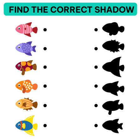 Education game for children find the correct shadow set of cute fish. Matching game, education game for childrenのイラスト素材