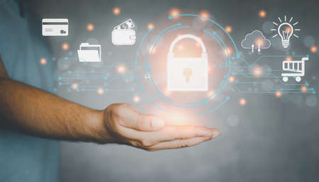 Cyber technology global networking and data protection with icon on virtual screen, business...