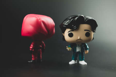 Samut Prakan, Thailand - April 1, 2022 : Cut Funko Pop! Figurines from âSquid Gameâ. Characters from the South Korean Netflix series.のeditorial素材