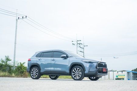 Samut Prakan, Thailand - April 2, 2022 : Private new Toyota corolla CROSS, Celestite gray metallic....