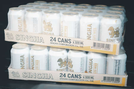 Bangkok, Thailand - April 10, 2022 : Close up package 24 cans of Singha lager beer. The original...