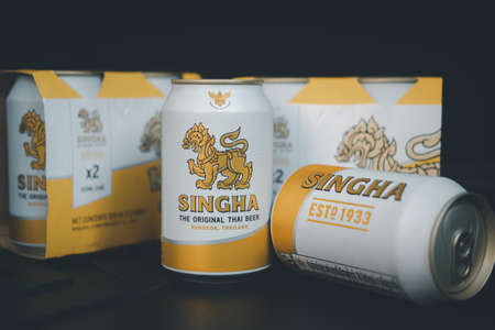 Bangkok, Thailand - April 16, 2022 : Singha beer can 320 ml. Singha Beer Thai brand beer. Thai classic beer produce of Thailand.のeditorial素材
