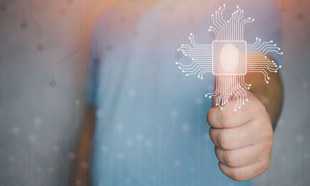 Fingerprint biometric digital scan technology. Graphic interface showing man finger with print...