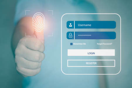 Businessmen use their thumbs to touch the fingerprint scanning system. Graphic interface showing man...