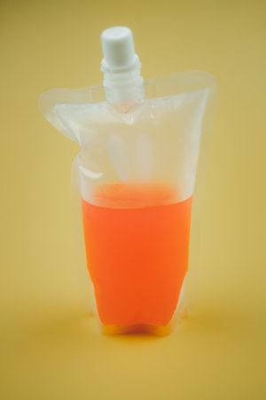 Fruit punch in packaging for takeaway on a yellow backgroundの写真素材