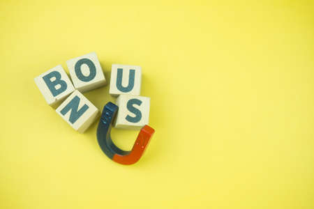 Bonus word cube and U shape steel magnet formotivation in work. The concept of rewards and preferencesの写真素材