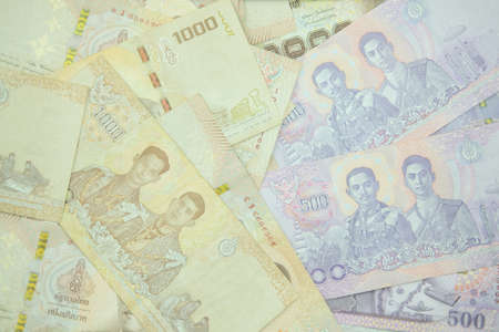 1000 bath and 500 bath, Thai baht money banknote background. Close upの写真素材