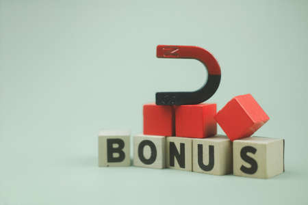 Letter block word BONUS and horseshoe magnet. Receive bonuses, rewards and preferences. Getting...