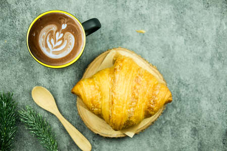 Breakfast fresh croissants with delicious hot mocha coffee. Top viewの写真素材