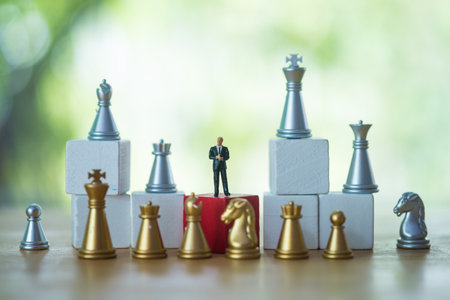Miniature businessmen or politicians with golden and silver color chess. Business and strategy conceptの写真素材