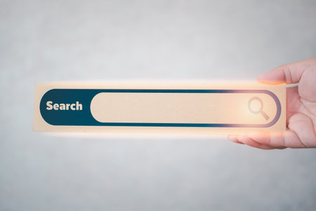 Browsing internet data information networking concept. Man show tag for internet search page. Search engine optimize conceptの写真素材