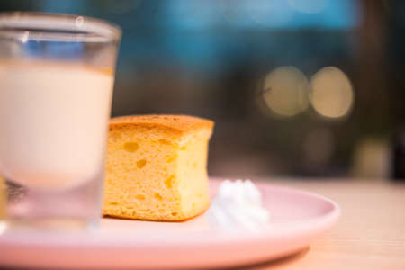 A pieces of sponge cake with soft texture. Selective focus.の写真素材