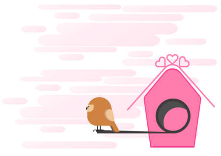 Birdhouse with cute bird. A bird sits on the perch of its house. Vector invitation card templateのイラスト素材