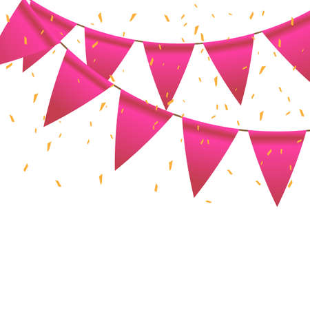Celebrate banner. Party pink flags with yellow confetti. Concept of birthday, holiday and celebration.のイラスト素材