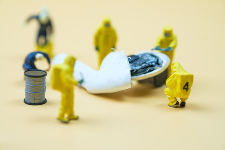 Miniature people chemical team in hazmat suits examining integrated crime scene with damaged a lost wireless headphones and broken. The concept of serve repairの写真素材