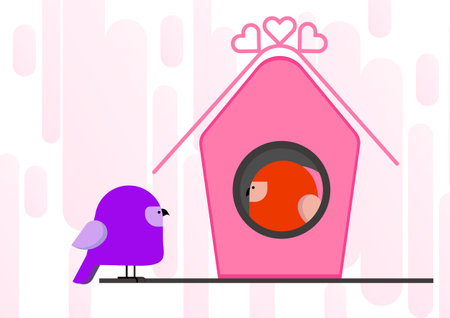 Birdhouse with two birds. Cute birds in love and birdhouseのイラスト素材